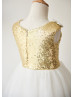 Gold Sequin Ivory Tulle Knee Length Flower Girl Dress With Bow